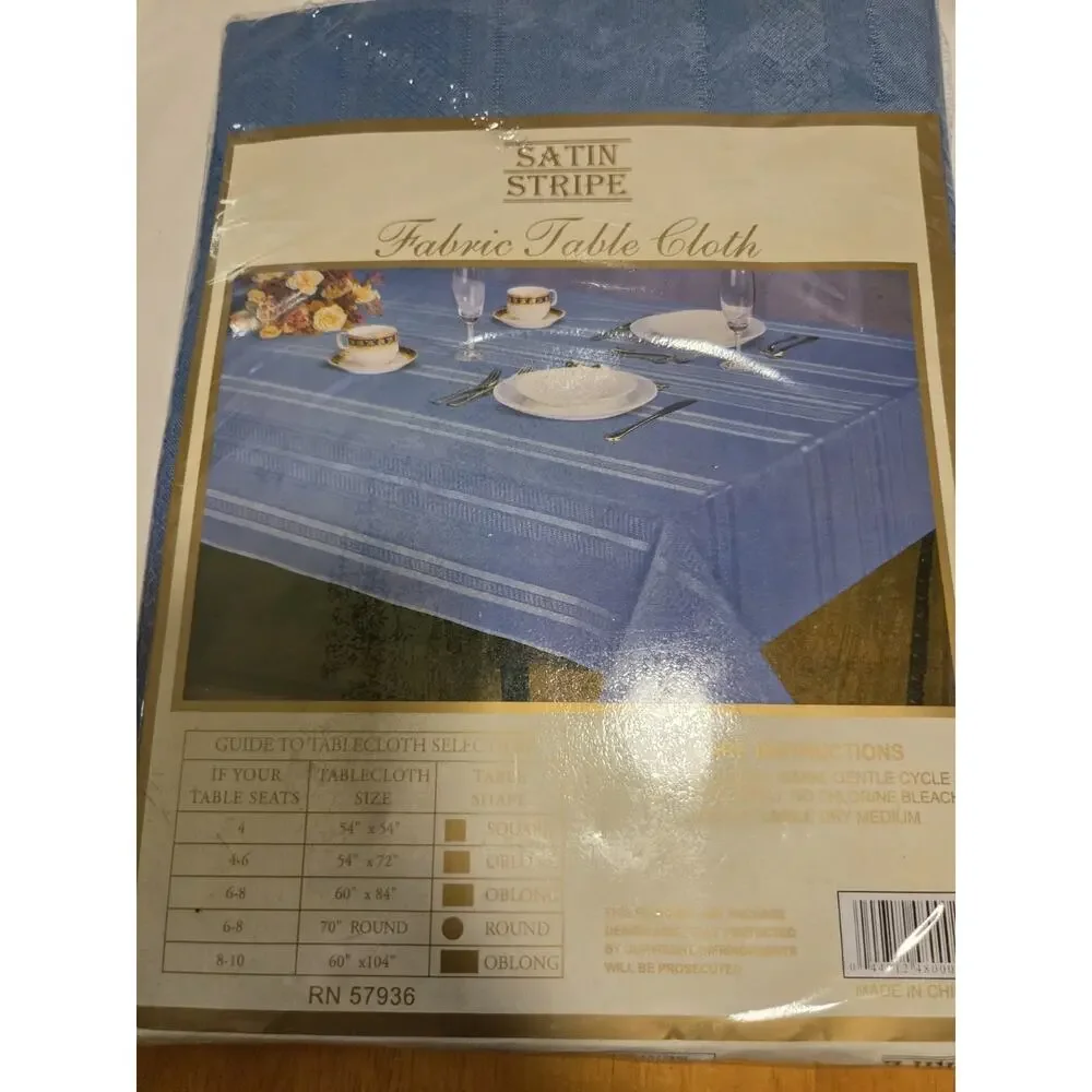 Vtg Better Home Satin Stripe Wrinkle Free Tablecloth Blue Oblong 60
